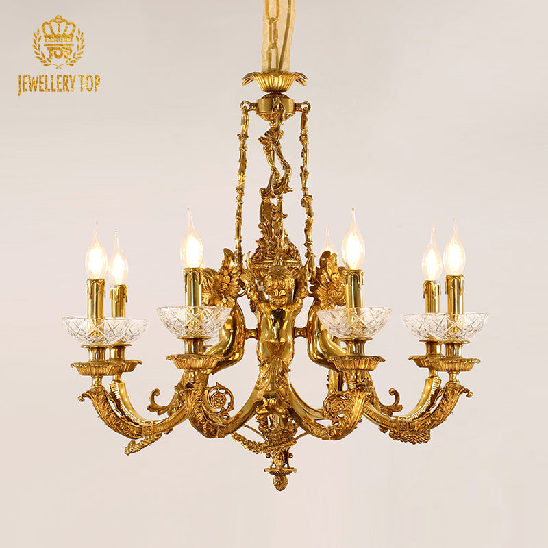 19th century antique brass chandelier with cherub details.