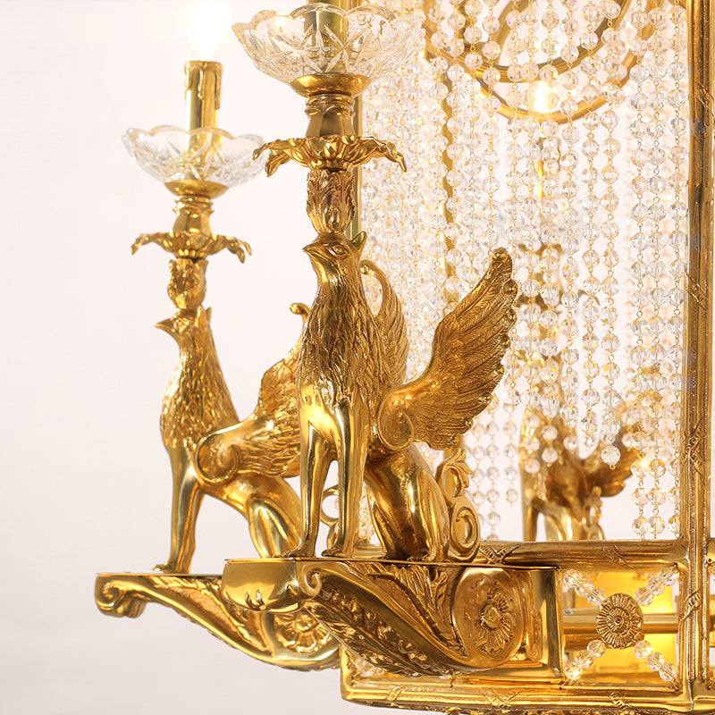 Close-up of Brass Griffin Sculptures on Antique Chandelier