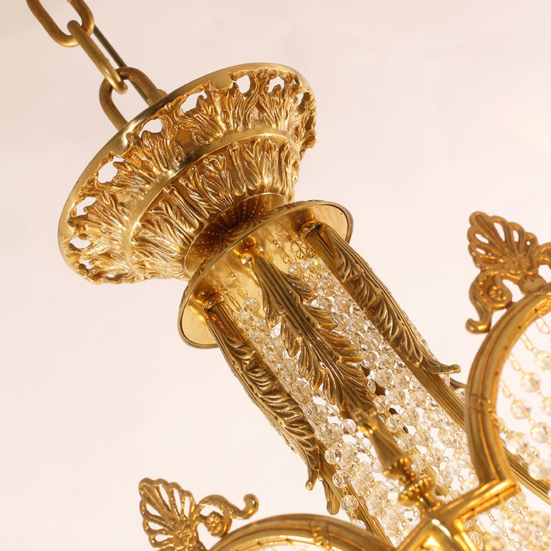 Intricate Brass and Crystal Details of Vintage Chandelier