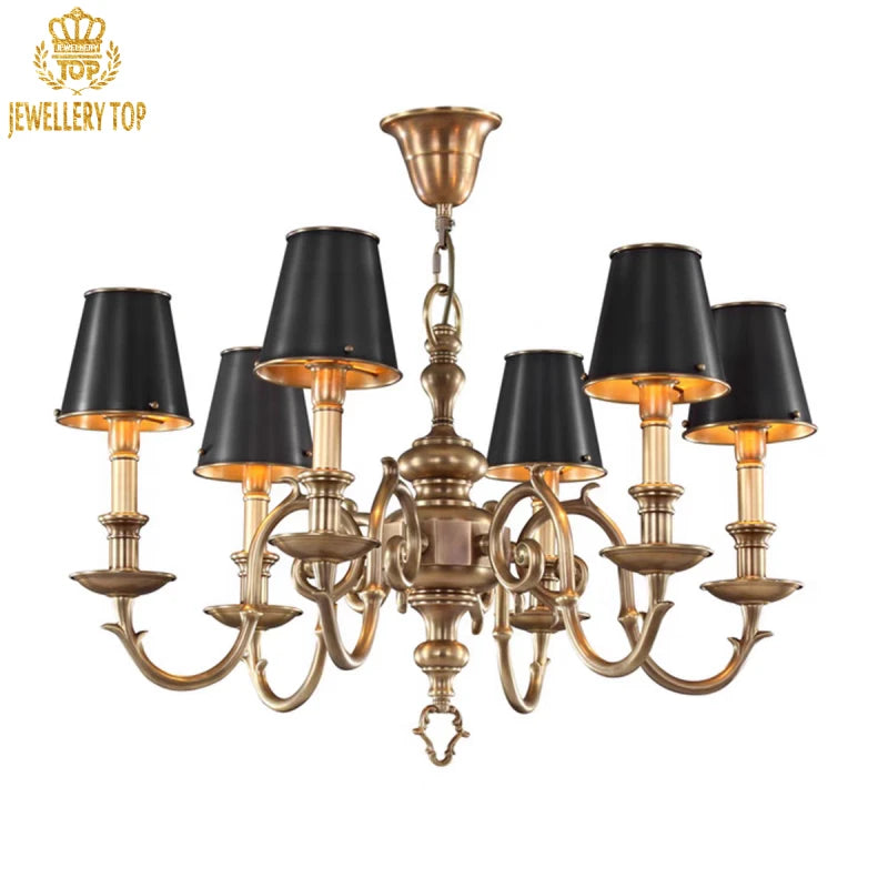 New American luxury chandelier with geometric brass arms and gold-lined shades