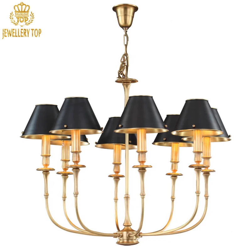 European vintage designer chandelier with arched brass arms and filigree details