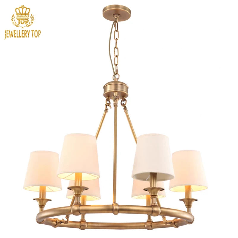 Golden vintage round chandelier with six arched arms