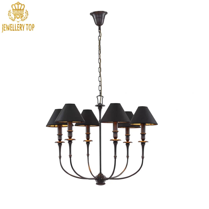 JEWELLERY TOP’s designer chandelier with contrasting noir shades and polished brass