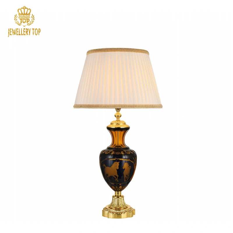 Leaded-Glass Table Lamp with Gold Brass Base and Pleated Fabric Shade