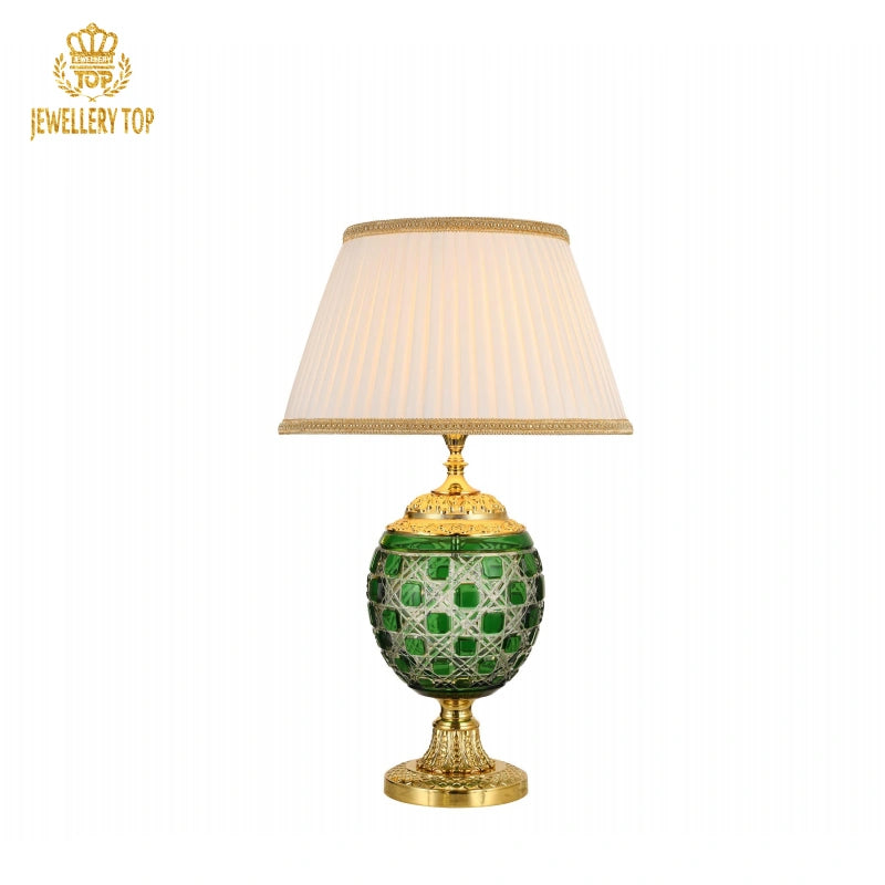 Green Glass Bedside Table Lamp with Gold Brass Base and Pleated Shade