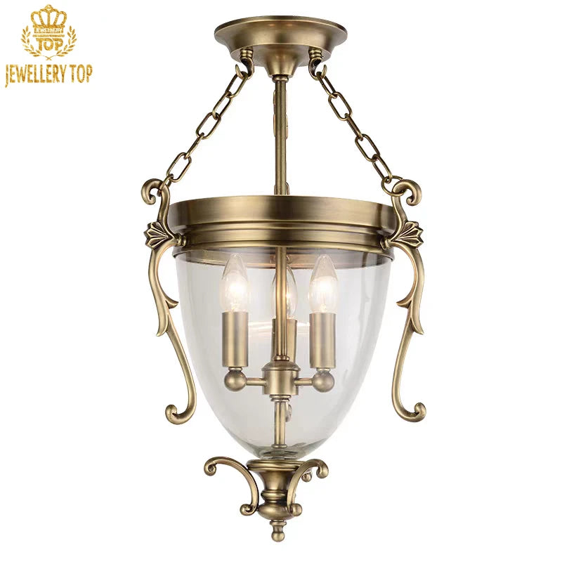 Dining room brass chandelier inspired by colonial-era tavern lighting