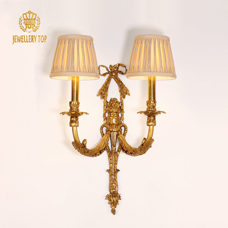 Front view of the Amara Bow Vintage Wall Sconce with two fabric-shaded arms