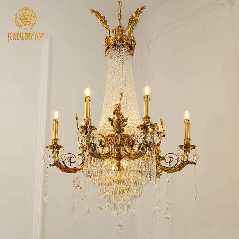 Luxury hotel dining room illuminated by French crystal cascade lighting