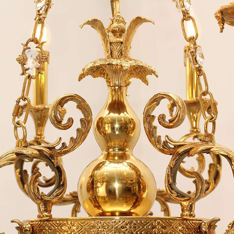 Vintage lamp style candleholders adorning each arm of the neoclassical fixture.