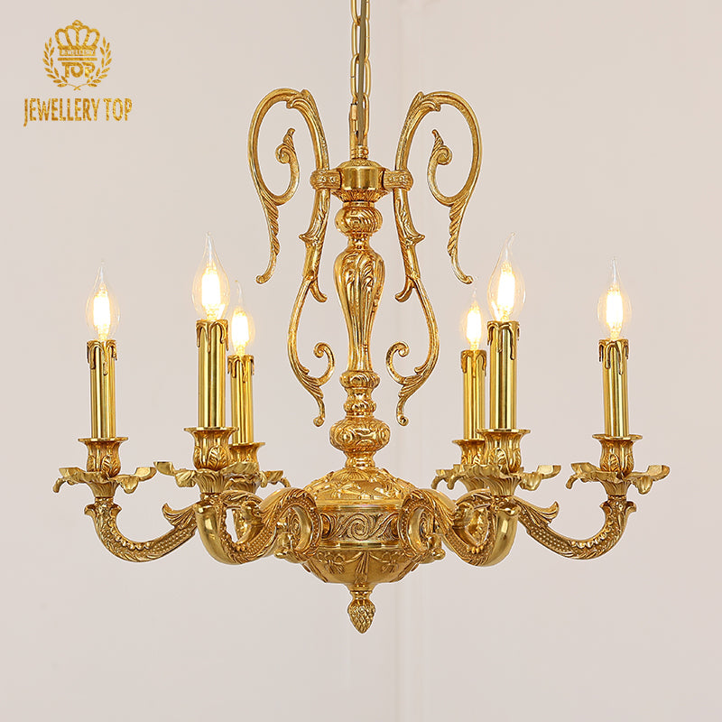Aurelian Scroll Neoclassical Chandelier with polished brass arms and candle-style bulbs.