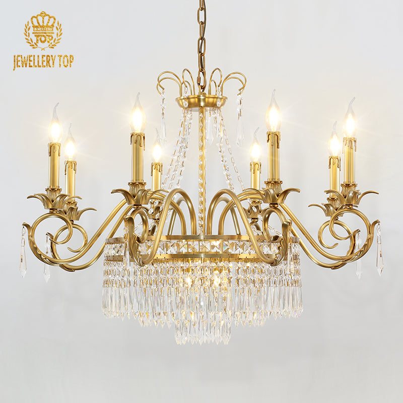 Aureum Celeste empire crystal chandelier with brass arms and crystal tiers