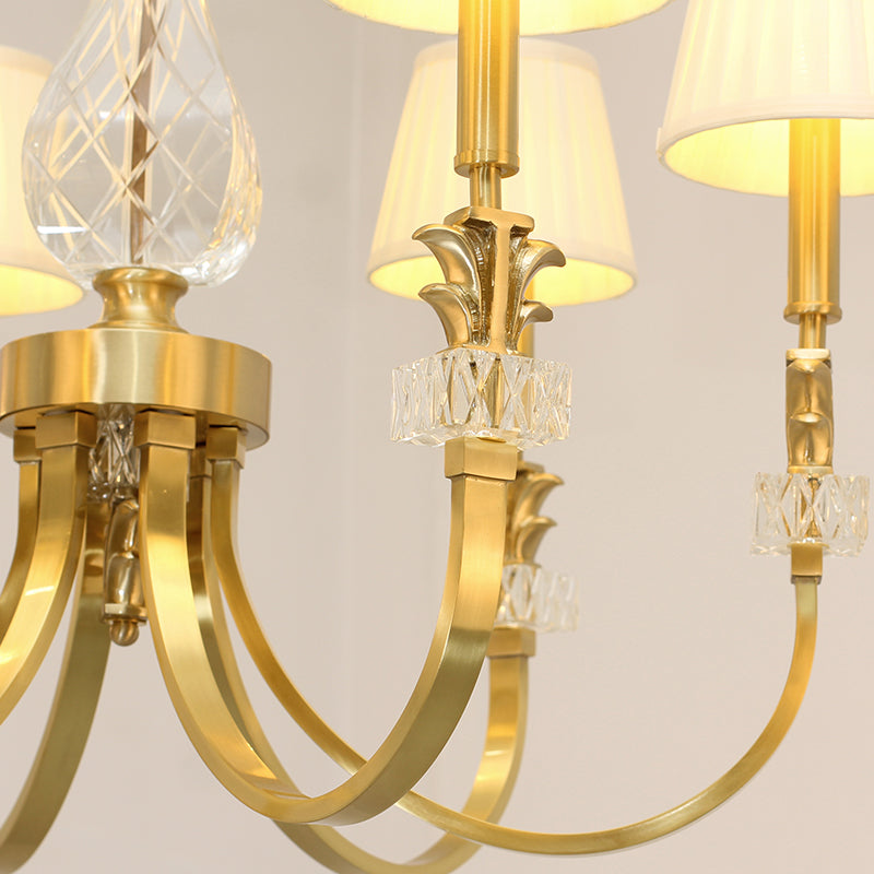 Close-up of fabric accents on the Auric Halo gold chandelier