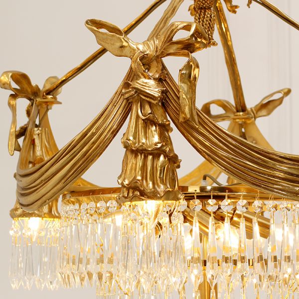 Detailed brass and crystal accents on the antique pendant light