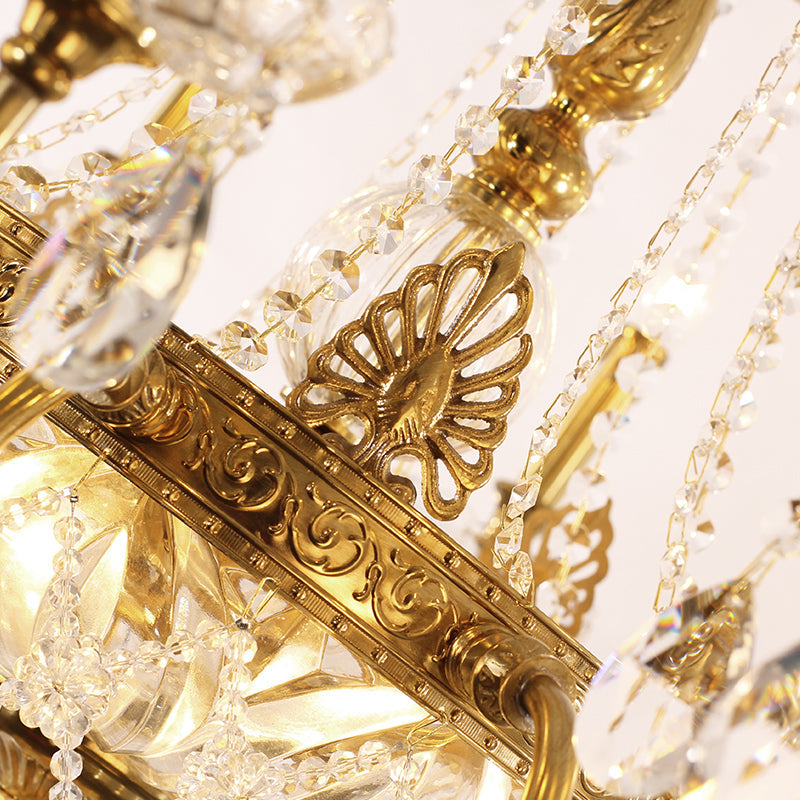 Close-up of ornate brass details on the vintage brass chandelier