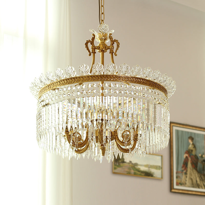 Artistic angle of the Aurora Radiance Crystal Pendat Lamp showcasing traditional elegance