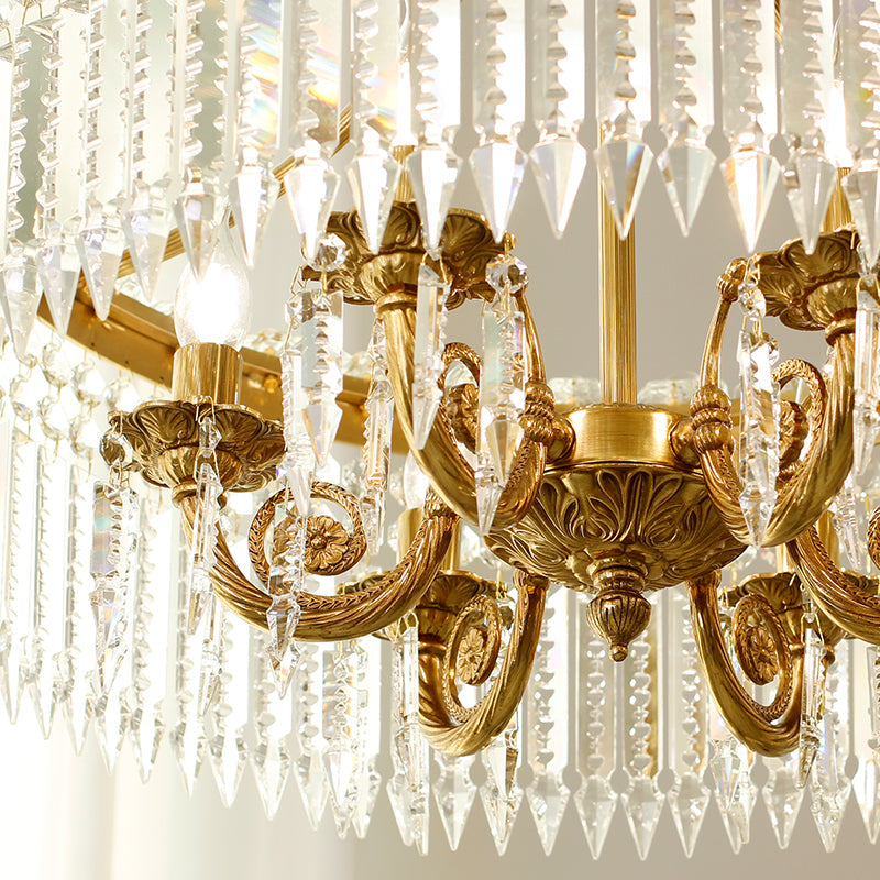 Close-up of the brass and crystal details on the Aurora Radiance Crystal Pendat Lamp