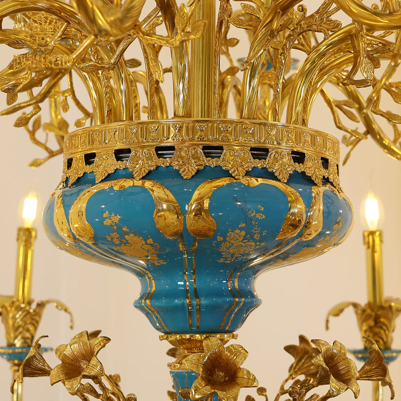 Delicate leaf detailing on brass components accentuating the antique lighting design.