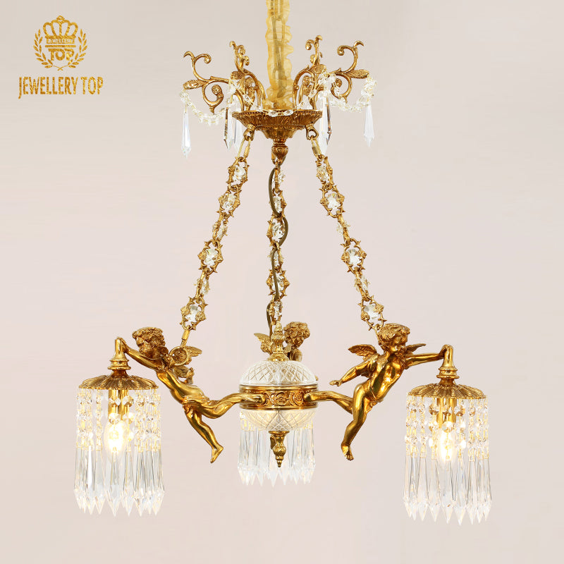 Brass antique chandelier with cherub sculptures and sparkling glass shades.