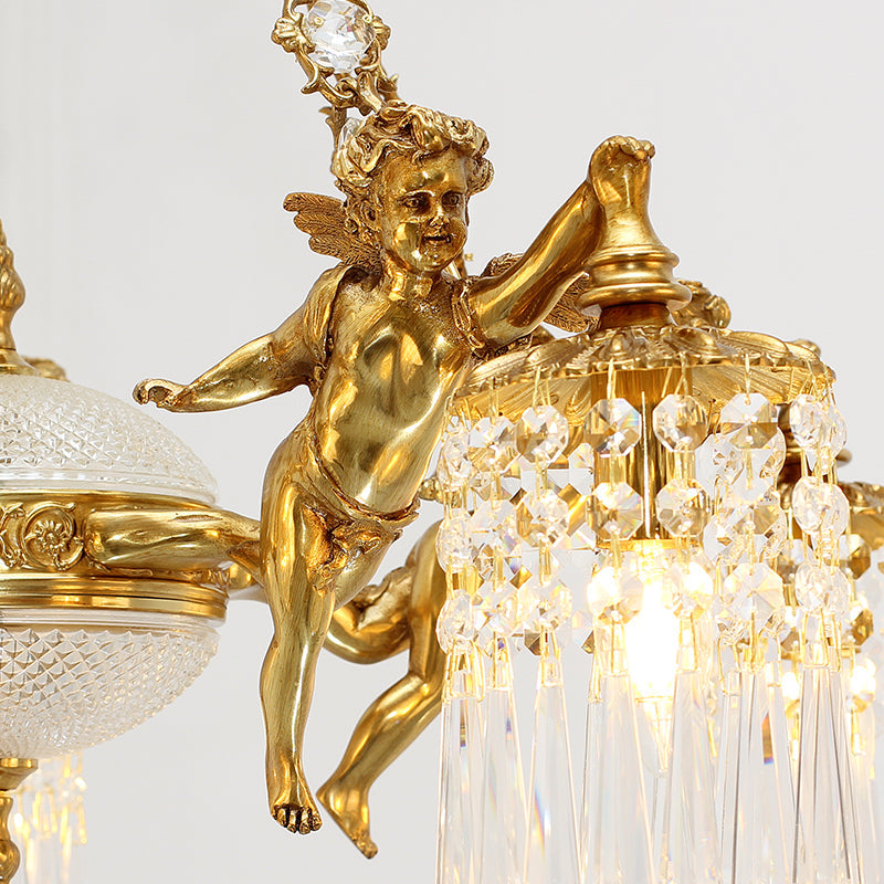 Close-up of Victorian chandelier chains adorned with crystal-like details.