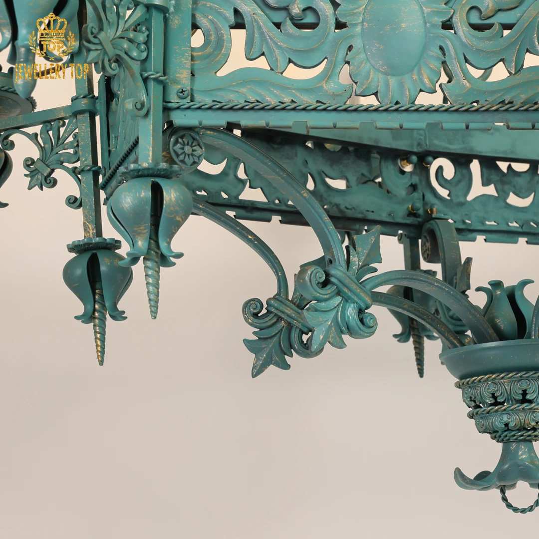 Intricate brass detailing showcasing the chandelier's medieval inspiration.