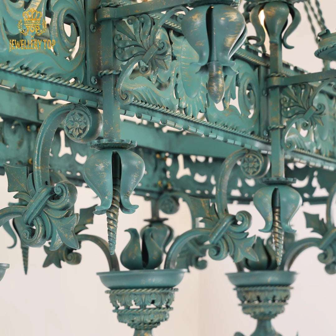Distinctive patina enhancing the historic charm of the gothic chandelier.