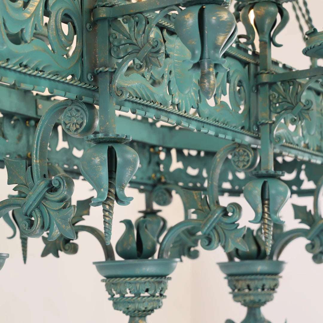 Celestial-inspired designs highlighting the chandelier's antique craftsmanship.