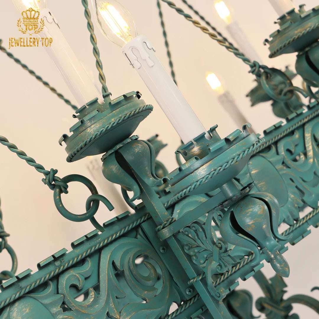 Close-up of Victorian styled candleholders on a gothic chandelier.