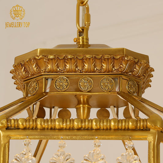 Detailed brass and crystal elements on the vintage pendant light