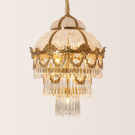 Detailed brass finish and crystal accents on the vintage pendant lamp