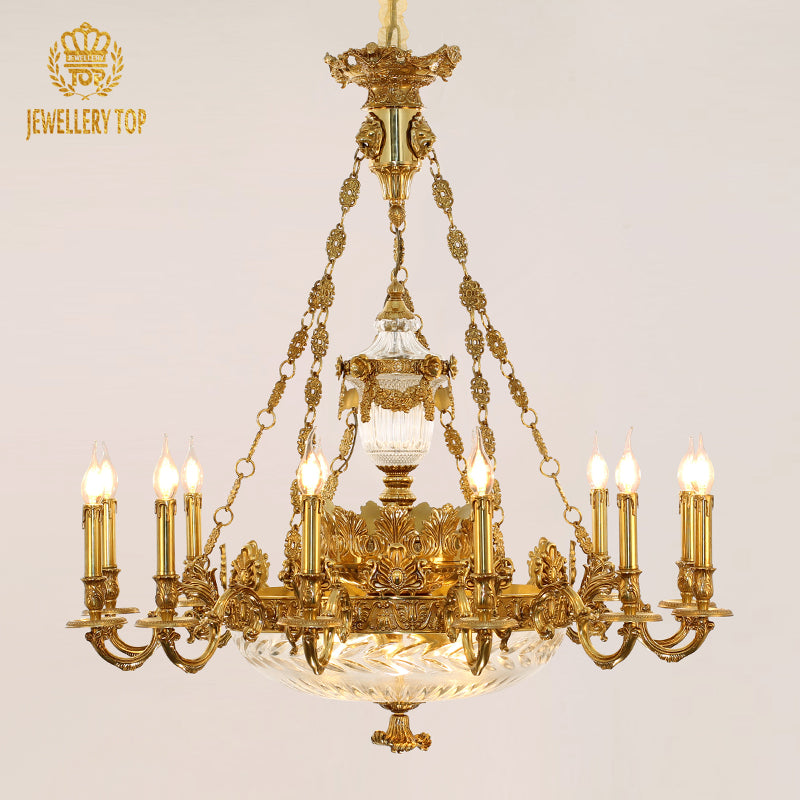 Chateau Lumière Antique French Chandelier with ornate brass arms
