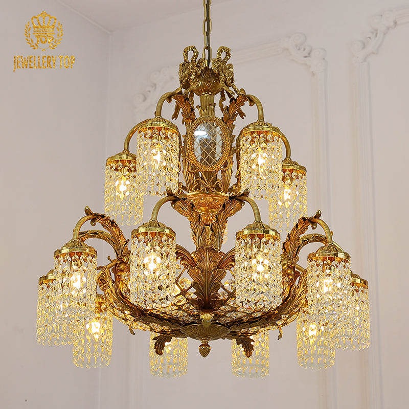 Double French Brass Chandelier with crystal shade - Jewellery Top Lighting