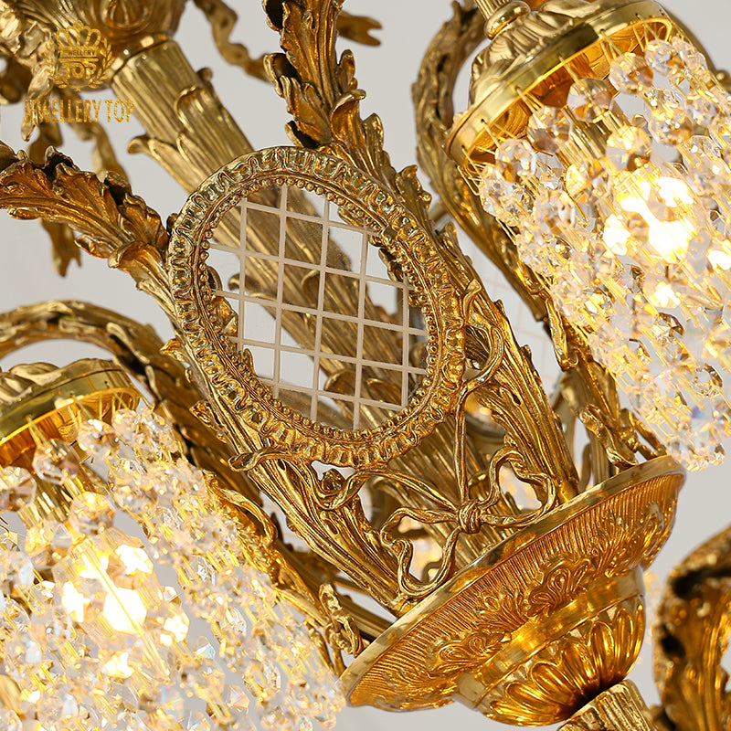 Double French Brass Chandelier with crystal shade - Jewellery Top Lighting