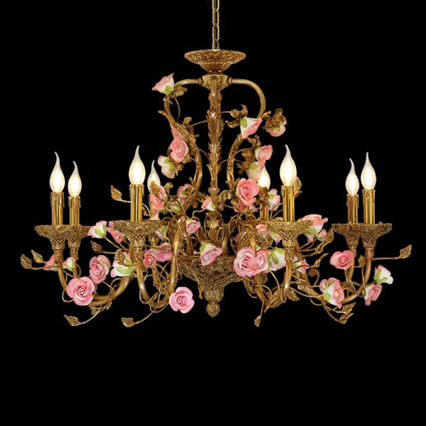 Éclat d'Or Vintage French Chandelier With Pink Flowers - Jewellery Top Lighting