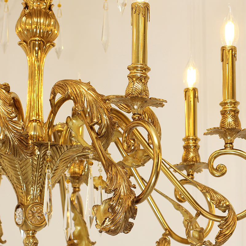 Ornately detailed brass arms holding antique-inspired candle-shaped LED lights.
