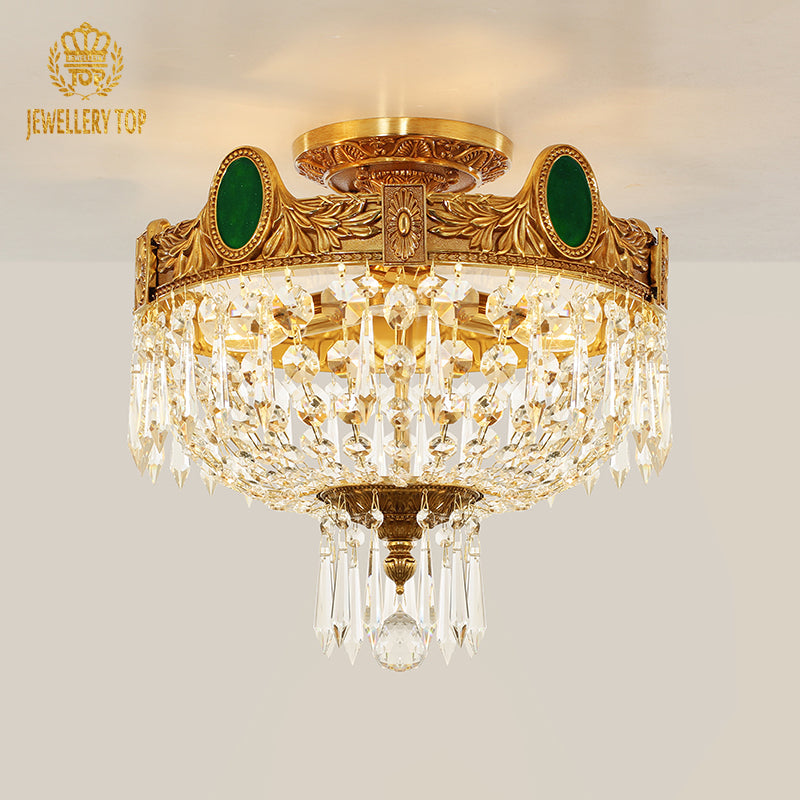 Emerald Empress Vintage Flush Mount Ceiling Light with brass and crystal