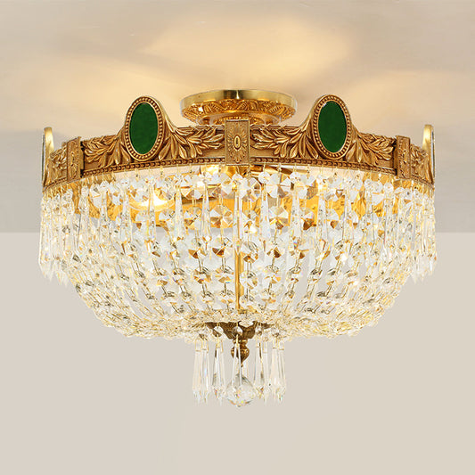 Ornate brass motifs of Emerald Empress Flush Mount Ceiling Lamp