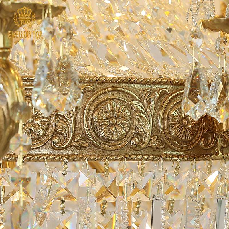Geometric crystal drops suspended from French chandelier frame