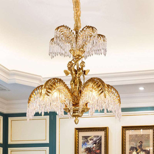 Beautiful tropical chandelier with magical elf figures and shimmering crystal pendants