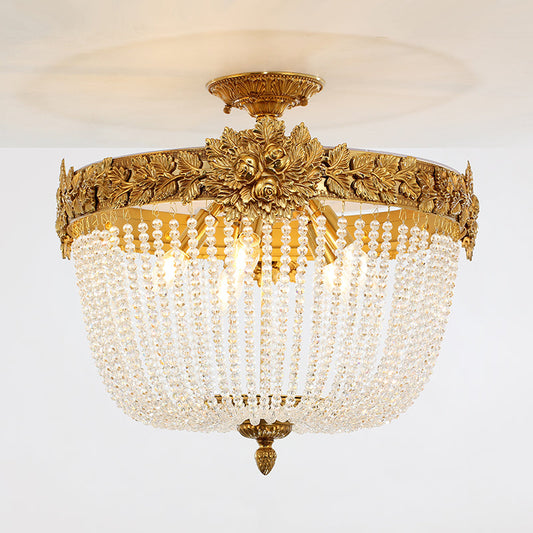 Crystal-beaded dome lighting fixture with romantic neoclassical detail.