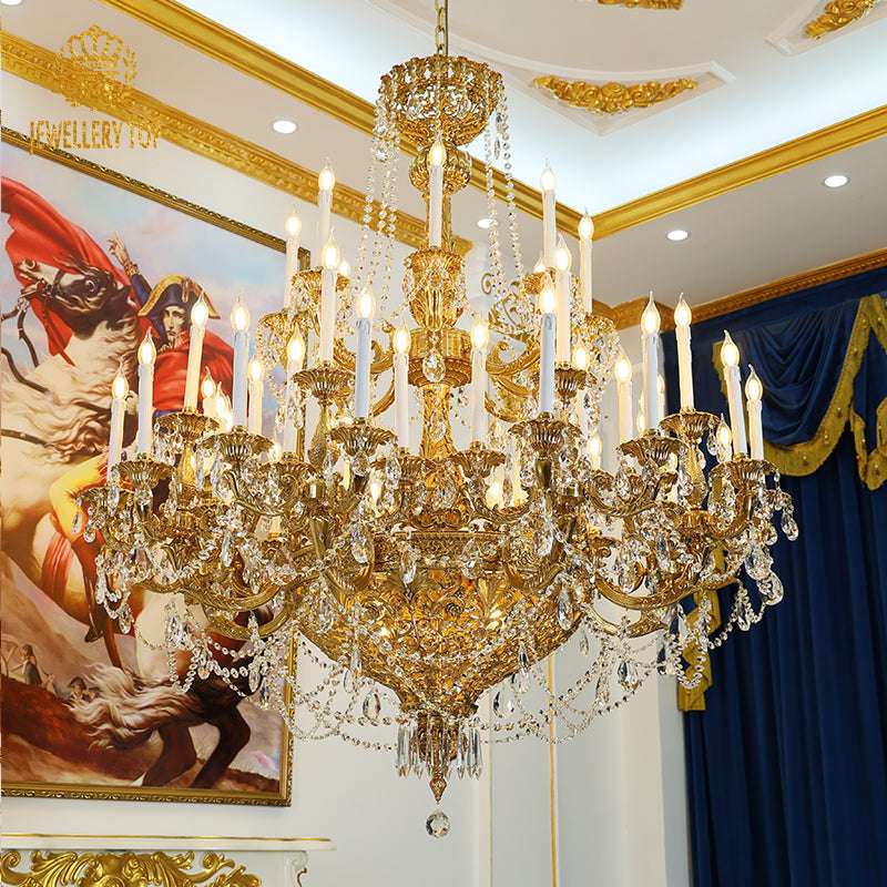 Crystal cluster focus on brass chandelier, refracting light like Neptune’s diamonds for a mythical, opulent effect.