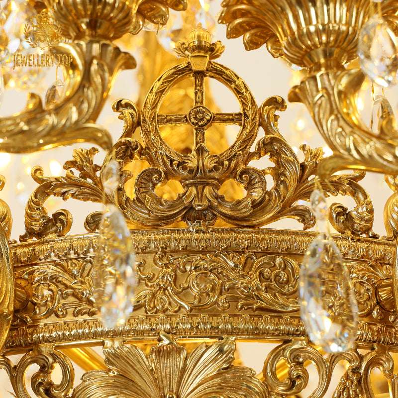 Artistic lighting from Victorian chandelier casting golden reflections to create an ambiance of celestial myths and vintage grace.