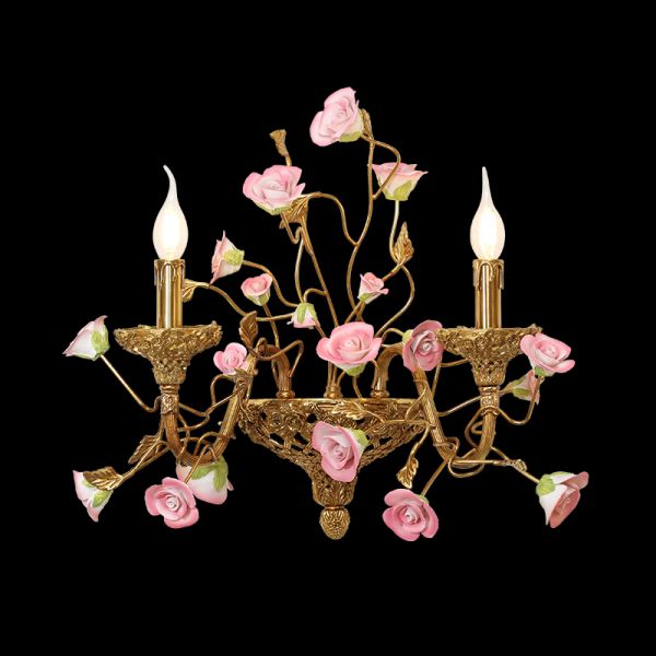 French Brass Wall Light With Pink Rose - Jewellery Top Lighting