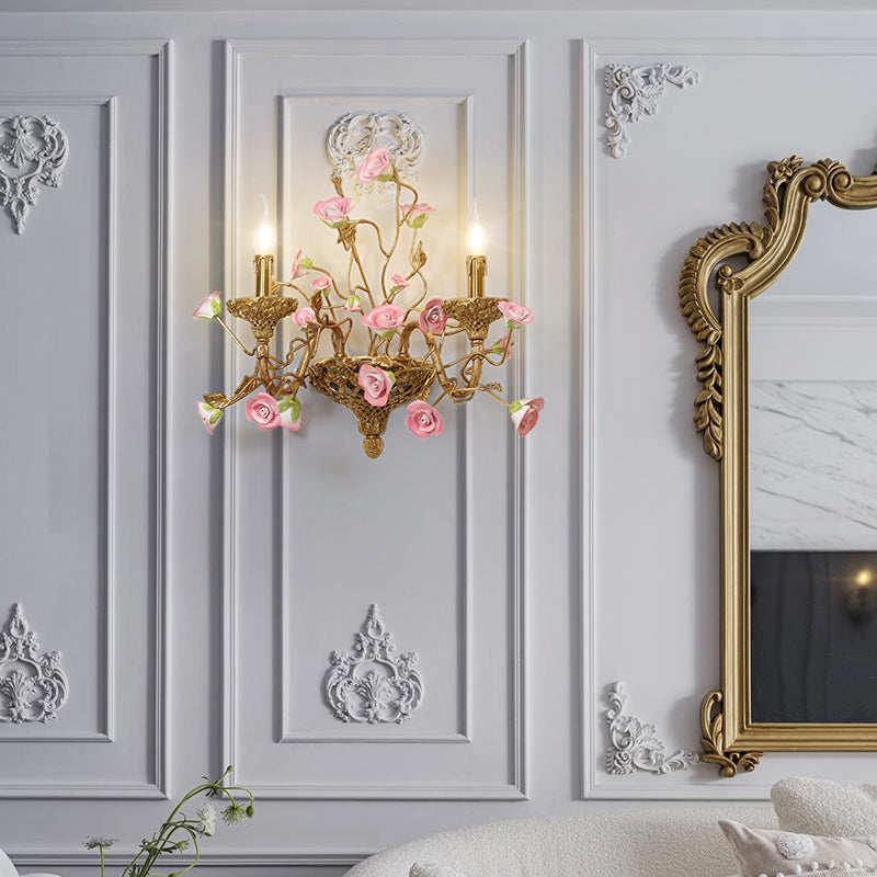 French Brass Wall Light With Pink Rose - Jewellery Top Lighting