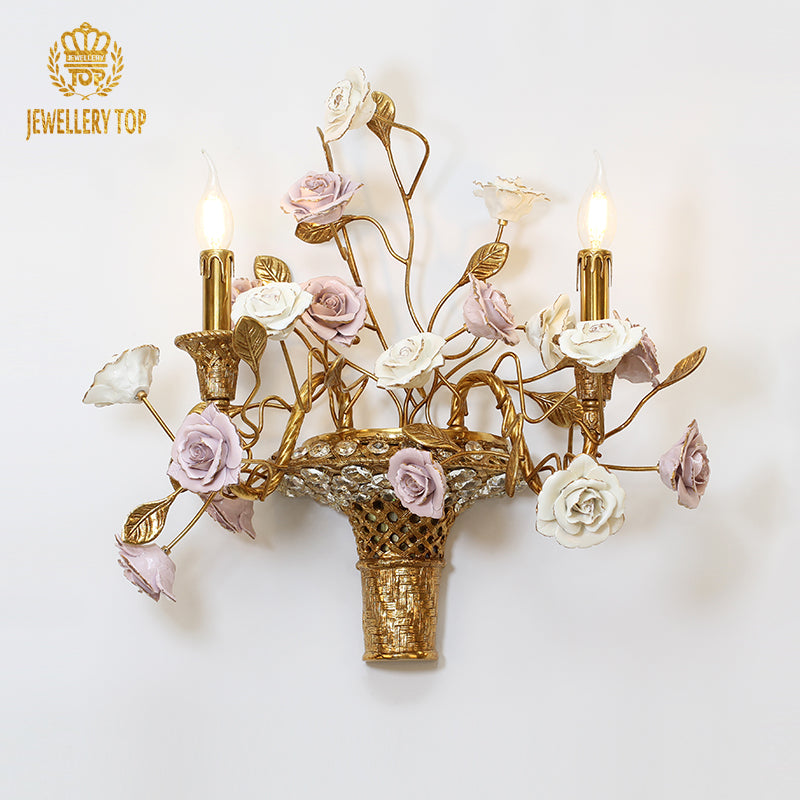 French Brass Wall Light With Purple Rose - Jewellery Top Lighting