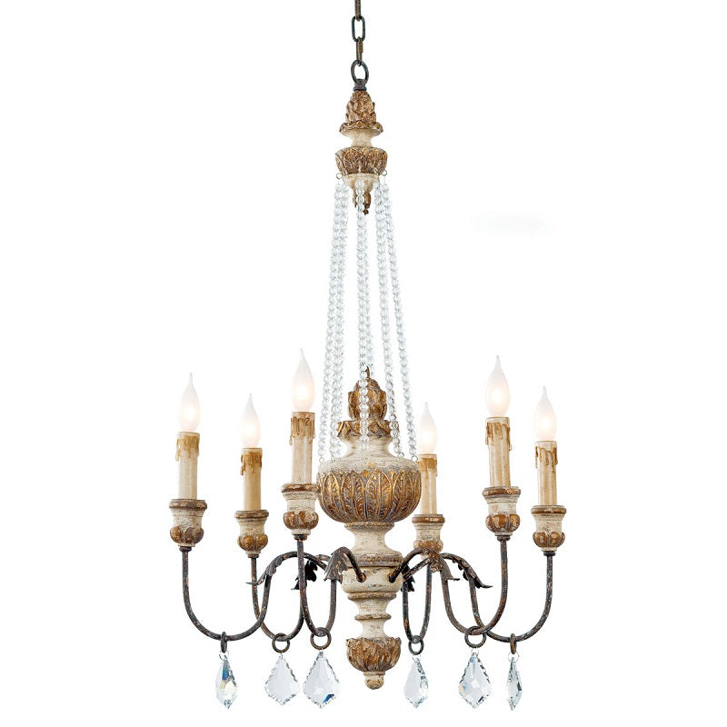 Textured iron scrollwork and verdigris accents on farmhouse chandelier