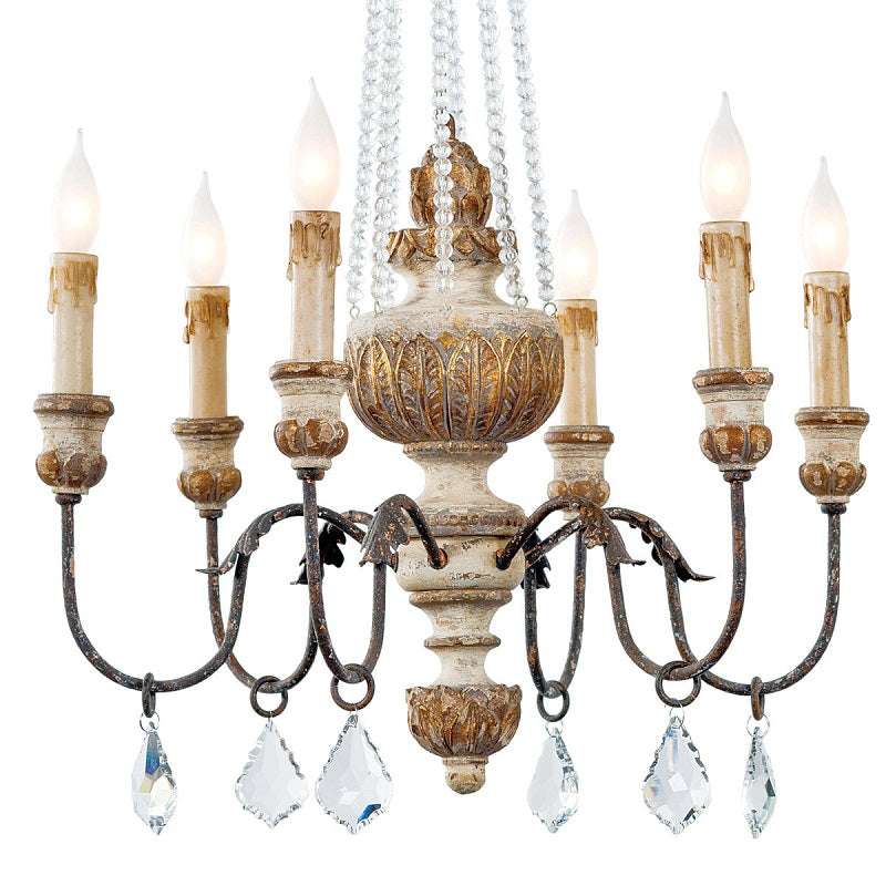 Hand-carved wheat motif on reclaimed wood column of rustic lighting