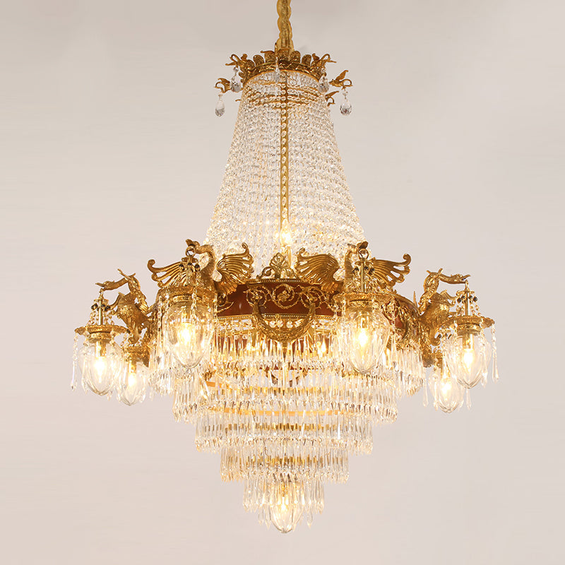 Ornate brass and glass elements beautifully illuminated on a luxurious vintage lamp chandelier.