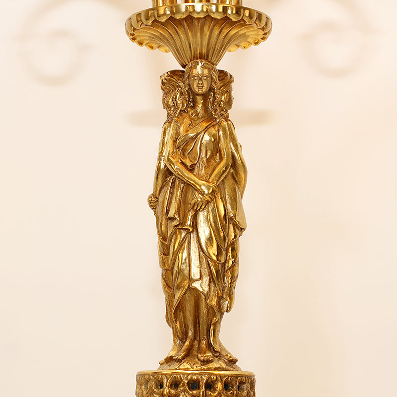 Detailed view of triple-faced goddess sculpture on Hecate Trinity Antique Table Lamp