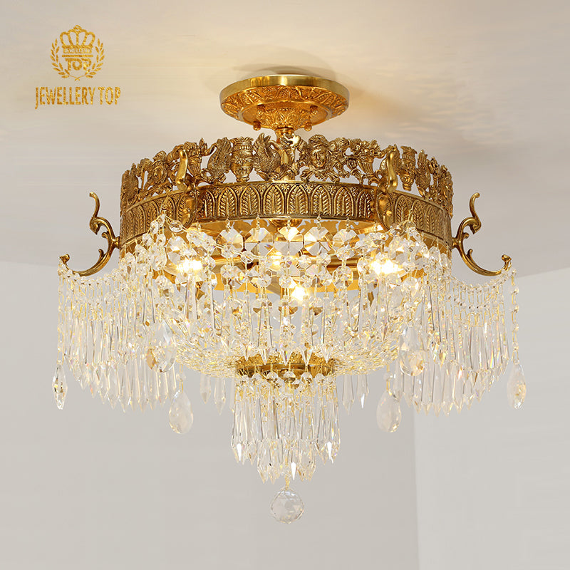 Antique ceiling lights featuring Hera-inspired brass crown with intricate detailing and crystals.