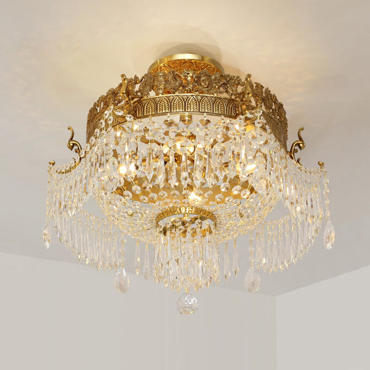 Luxurious antique brass ceiling lamp adorned with crystals inspired by Greek mythology.